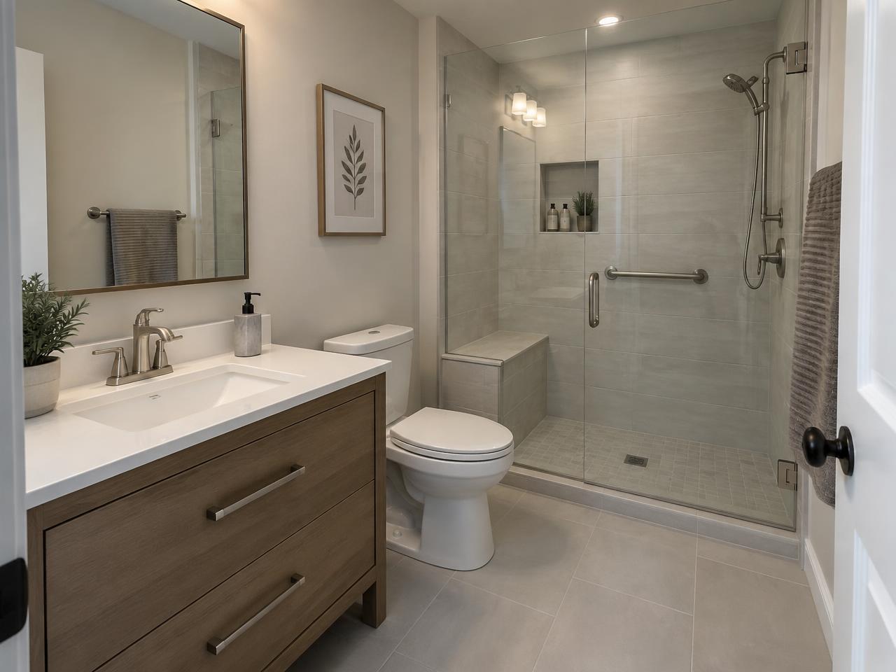 Updated bathroom with a freestanding tub, double vanity, and modern fixtures