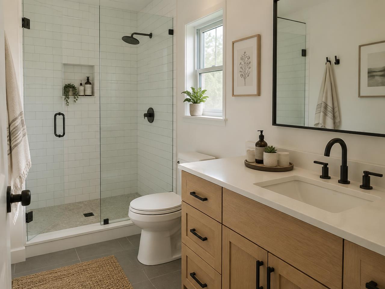 Remodeled home bathroom with a walk-in glass shower, wood vanity and modern fixtures